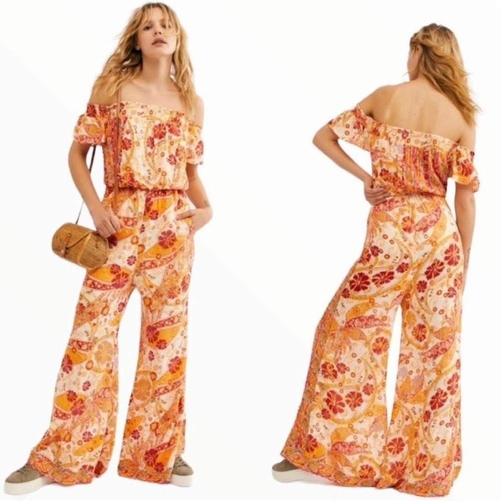 Free People Paisley Floral Off Shoulder Wide Leg Jumpsuit‎